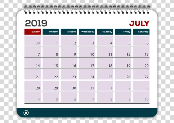 Července 2019. Šablona návrhu planner kalendáře — Stockový vektor