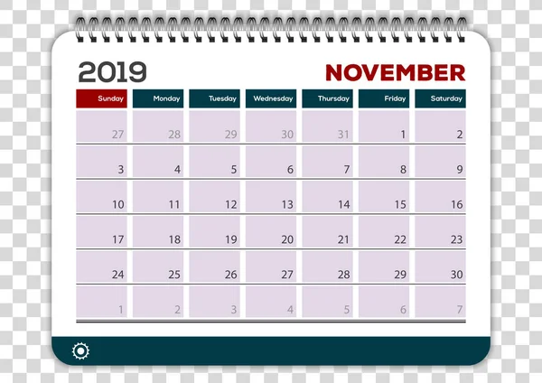 Noviembre 2019. Plantilla de diseño planificador de calendario — Archivo Imágenes Vectoriales