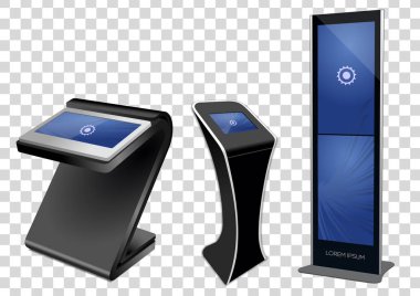 Üç promosyon etkileşimli bilgi noktası, reklam görüntüleme, Terminal Stand, dokunmatik ekran üzerinde şeffaf arka plan izole ekran. Şablonu alay.