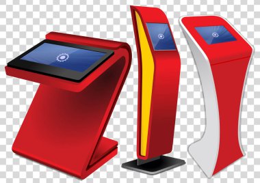 Üç kırmızı promosyon etkileşimli bilgi noktası, reklam görüntüleme, Terminal Stand, dokunmatik ekran üzerinde şeffaf arka plan izole ekran. Şablonu alay.