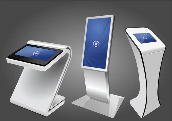 Drie promotionele interactieve Kiosk, Advertentie Display, Terminal informatiestand, Touch-Screen Display. — Stockvector