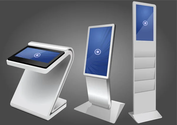 Tres quiosco de información interactivo promocional, exhibición de publicidad, soporte de terminal, pantalla táctil. Plantilla de simulación . — Vector de stock
