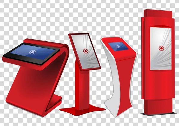 Cuatro quiosco de información interactivo promocional rojo, exhibición publicitaria, soporte de terminal, pantalla táctil aislada en fondo transparente. Plantilla de simulación . — Archivo Imágenes Vectoriales
