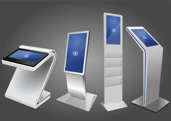 Vier interaktive Werbekioske, Anzeigendisplay, Terminalständer, Touchscreen-Display. — Stockvektor