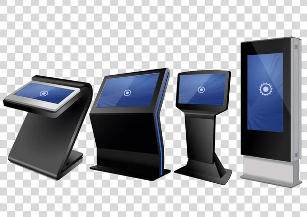 Empat Promosi Interaktif Informasi Kiosk, Periklanan Tampilan, Terminal Stand, Touch Layar Display terisolasi pada latar belakang transparan. Templat Mock Up . - Stok Vektor