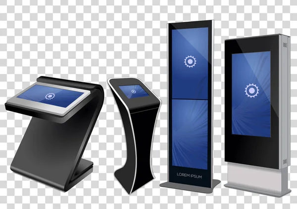 Empat Promosi Interaktif Informasi Kiosk, Periklanan Tampilan, Terminal Stand, Touch Layar Display terisolasi pada latar belakang transparan. Templat Mock Up . - Stok Vektor