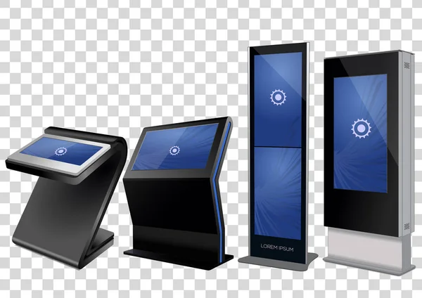 Vier interaktive Werbekiosk, Werbedisplay, Terminalständer, Touchscreen-Display isoliert auf transparentem Hintergrund. Vorlage gefälscht. — Stockvektor