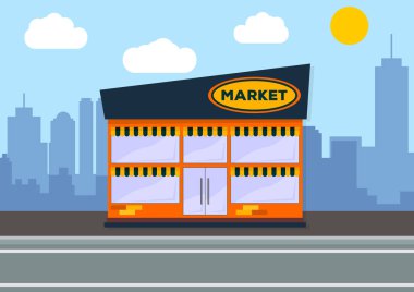 Süpermarket bina. Şehir peyzaj kavramı. Düz tasarım. Vektör çizim.