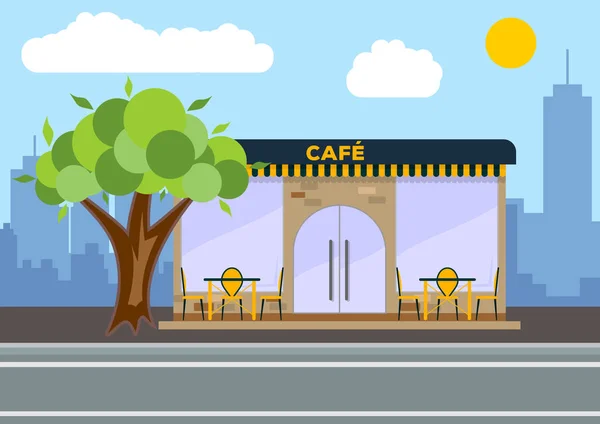 Café de rua. Conceito de paisagem urbana. Design plano. Ilustração vetorial . — Vetor de Stock