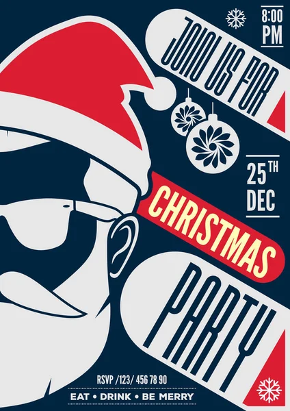 Invito alla festa di Natale, volantino o poster design con cappello, barba e occhiali di Babbo Natale.. Illustrazione vettoriale . — Vettoriale Stock