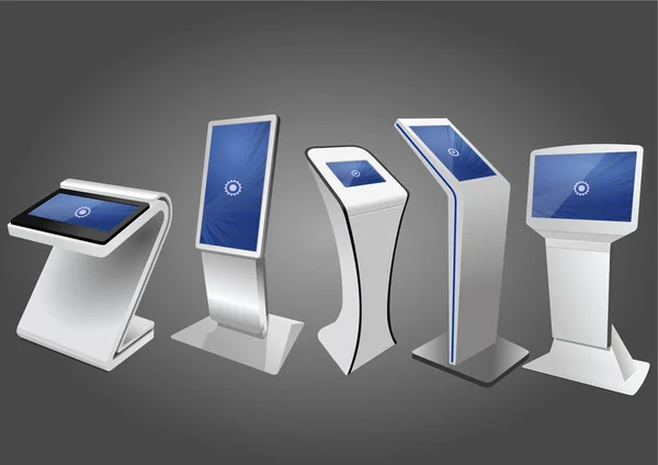 Fünf interaktive Werbekioske, Anzeigendisplay, Terminal-Stand, Touchscreen-Display. Vorlage gefälscht. — Stockvektor
