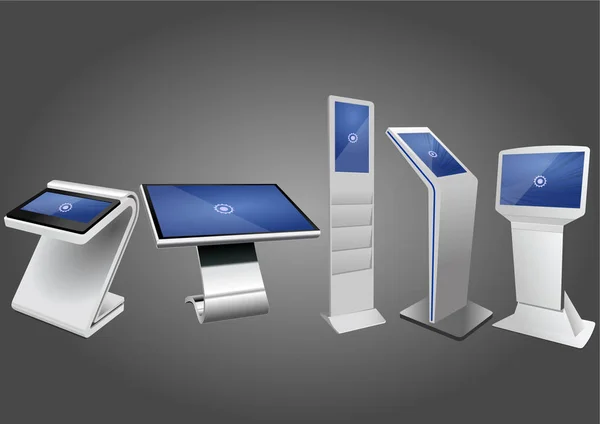Fünf interaktive Werbekioske, Anzeigendisplay, Terminal-Stand, Touchscreen-Display. Vorlage gefälscht. — Stockvektor