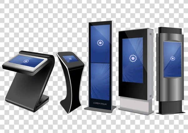 Five Promotional Interactive Information Kiosk, Advertising Display, Terminal Stand, Touch Screen Display diisolasi dengan latar belakang transparan. Templat Mock Up . - Stok Vektor