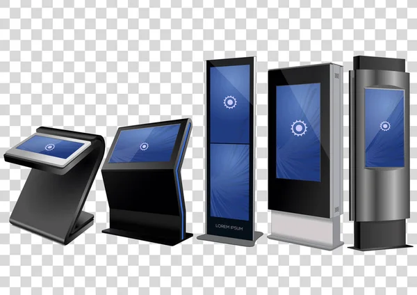 Five Promotional Interactive Information Kiosk, Advertising Display, Terminal Stand, Touch Screen Display diisolasi dengan latar belakang transparan. Templat Mock Up . - Stok Vektor