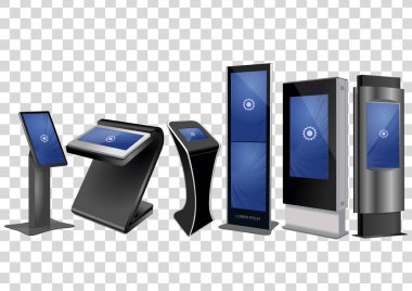 Altı promosyon etkileşimli bilgi noktası, reklam görüntüleme, Terminal Stand, dokunmatik ekran üzerinde şeffaf arka plan izole ekran. Şablonu alay.