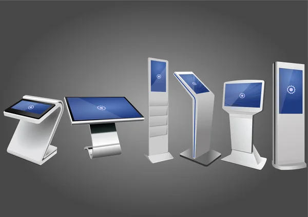 Sechs interaktive Werbekiosk, Anzeigendisplay, Terminal-Stand, Touchscreen-Display. Vorlage gefälscht. — Stockvektor