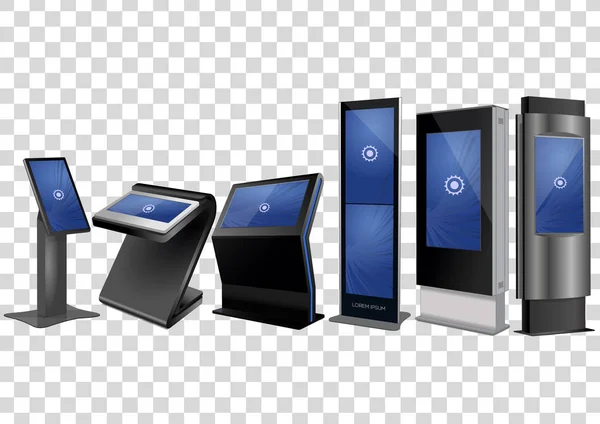 Six Promotional Interactive Information Kiosk, Advertising Display, Terminal Stand, Touch Screen Display diisolasi dengan latar belakang transparan. Templat Mock Up . - Stok Vektor