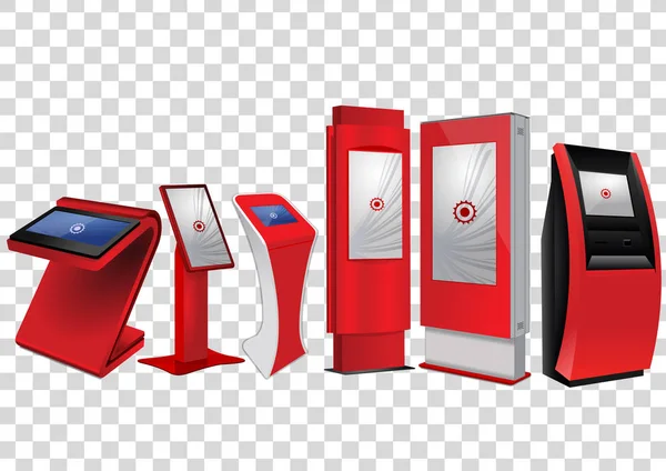 Sechs rote interaktive Werbe-Informationskiosk, Werbedisplay, Terminalständer, Touchscreen-Display isoliert auf transparentem Hintergrund. Vorlage gefälscht. — Stockvektor