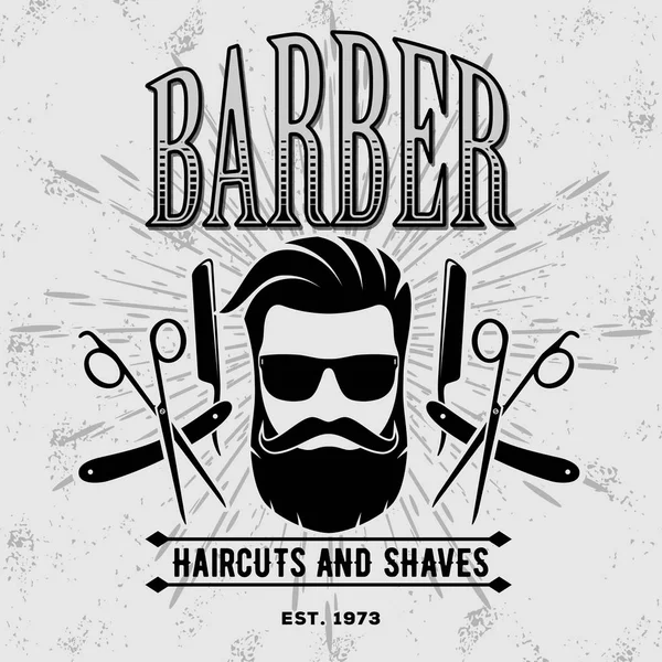 Etichetta vintage, distintivo o emblema del negozio di barbiere su sfondo grigio. Illustrazione vettoriale — Vettoriale Stock