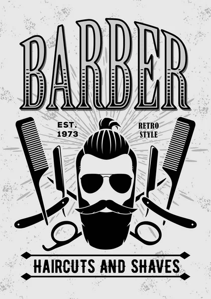 Barber shop vintage label, odznak nebo znak na šedém pozadí. Vektorové ilustrace — Stockový vektor