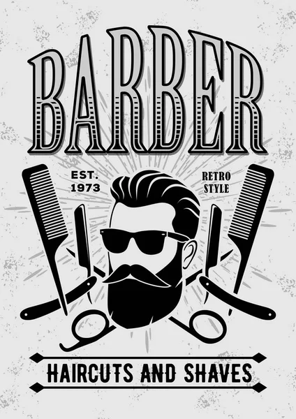 Barber shop vintage label, badge, or emblem on gray background. Vector illustration — Stock Vector