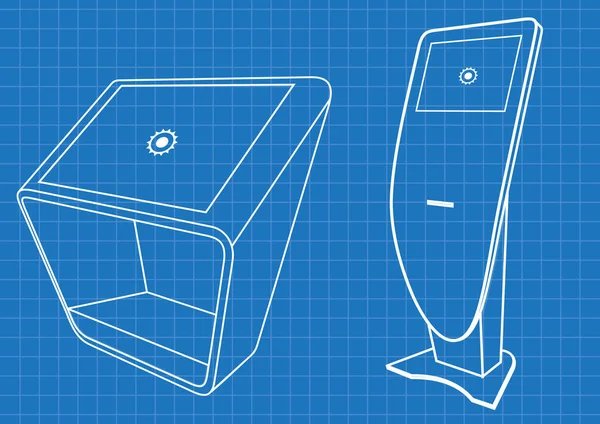 Bauplan von zwei interaktiven Werbekiosk, Werbedisplay, Terminal-Stand, Touchscreen-Display. Vorlage gefälscht. — Stockvektor