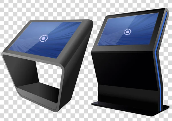 Dua Promotional Interactive Information Kiosk, Advertising Display, Terminal Stand, Touch Screen Display diisolasi pada latar belakang transparan. Templat Mock Up. - Stok Vektor