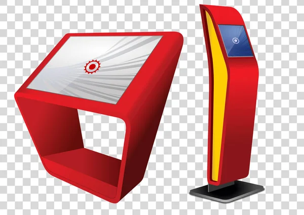 Két piros promóciós interaktív információs kioszk, reklám Display Terminal állni, érint képernyő bemutatás. Mintája fel sablon. — Stock Vector