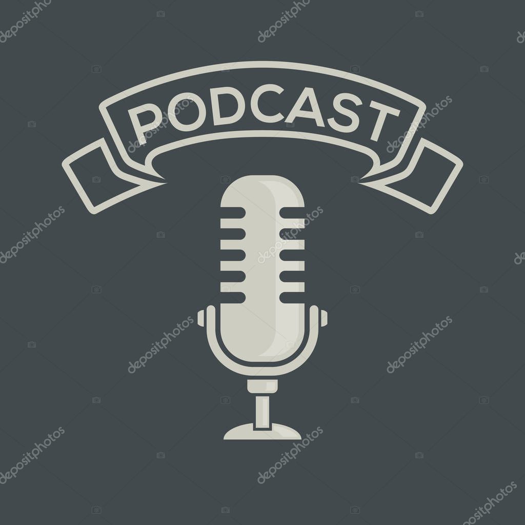 Podcast. Logo, badge, icon with retro microphone. Vector illustration.