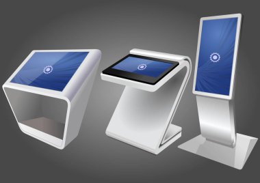 Üç promosyon etkileşimli bilgileri Kiosk, reklam görüntüleme, Terminal Stand, dokunmatik ekran. Şablonu alay.