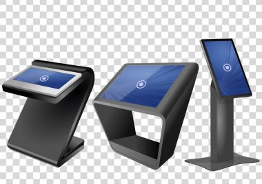Üç promosyon etkileşimli bilgi noktası, reklam görüntüleme, Terminal Stand, dokunmatik ekran üzerinde şeffaf arka plan izole ekran. Şablonu alay.