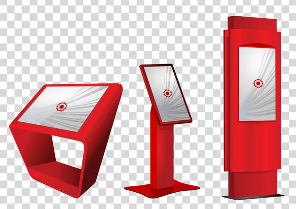 Tres quiosco de información interactivo promocional rojo, exhibición publicitaria, soporte de terminal, pantalla táctil aislada en fondo transparente. Plantilla de simulación . — Vector de stock