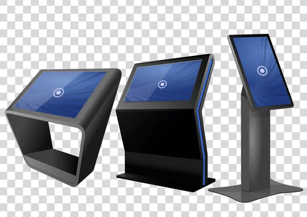 Trzech promocyjnych interaktywnych kioskach wyświetlania reklamy, Terminal Stand, ekran dotykowy na przezroczystym tle. Makiety szablonu. — Wektor stockowy