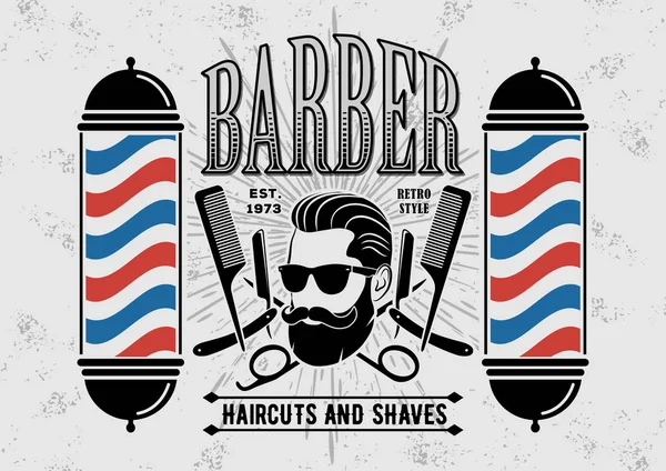 Cartel de barbería, pancarta, etiqueta, insignia o emblema sobre fondo gris con poste de peluquería en estilo vintage . — Vector de stock