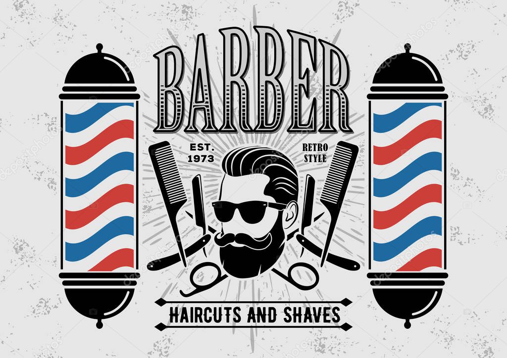 Barbershop poster, banner, label, badge, or emblem on gray background with barber pole in vintage style. 