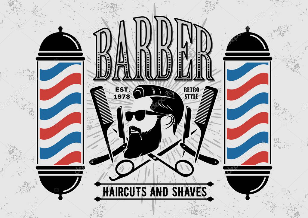 Barbershop poster, banner, label, badge, or emblem on gray background with barber pole in vintage style. Vector illustration