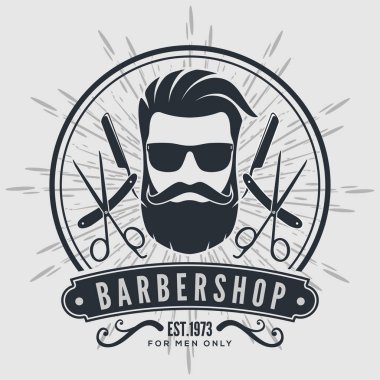 Kuaför dükkanı vintage etiket, rozet veya gri arka plan üzerinde amblemi. 