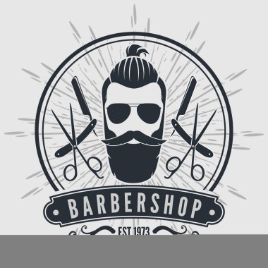 Kuaför dükkanı vintage etiket, rozet veya gri arka plan üzerinde amblemi. 