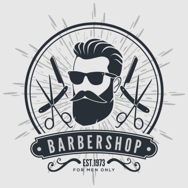 Kuaför dükkanı vintage etiket, rozet veya gri arka plan üzerinde amblemi. 