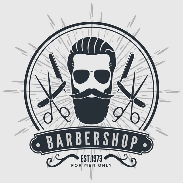 Etichetta, distintivo o emblema vintage del negozio di barbiere su sfondo grigio . — Vettoriale Stock