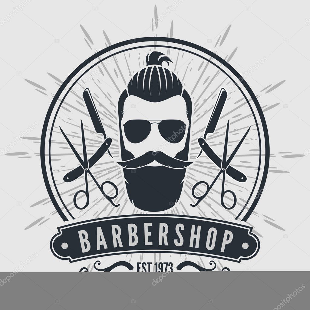 Barber shop vintage label, badge, or emblem on gray background. 