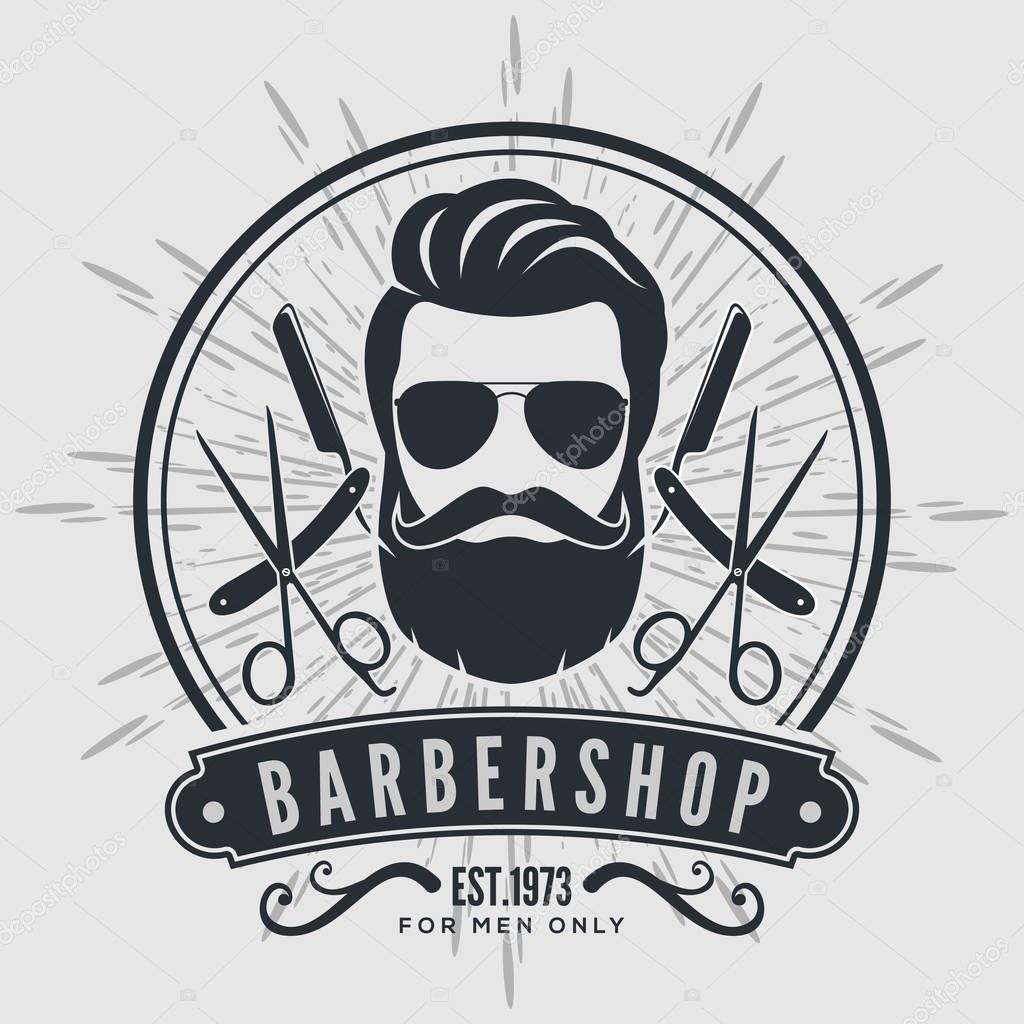 Barber shop vintage label, badge, or emblem on gray background. 