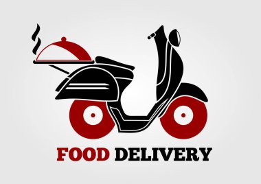 Retro scooter ile gıda teslim logo tasarımı. Vektör çizim