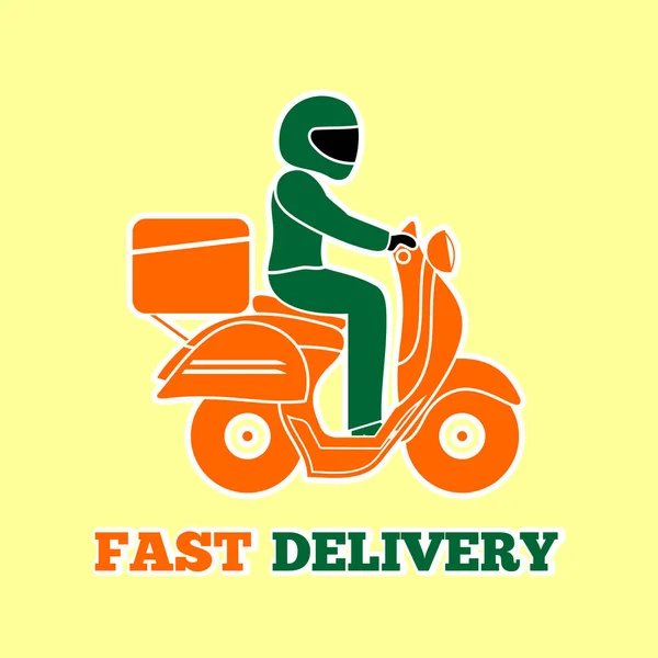 Um entregador a andar de scooter. Design de logotipo de entrega rápida. Ilustração vetorial —  Vetores de Stock