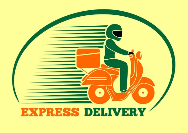 Un repartidor montando una moto. Entrega urgente, diseño del logotipo. Ilustración vectorial — Vector de stock