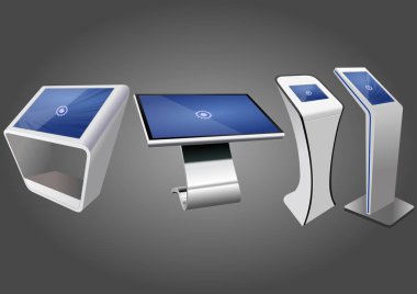 Dört promosyon etkileşimli bilgileri Kiosk, reklam görüntüleme, Terminal Stand, dokunmatik ekran. Şablonu alay