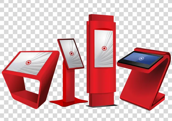 Vier rote interaktive Werbe-Informationskiosk, Werbedisplay, Terminalständer, Touchscreen-Display isoliert auf transparentem Hintergrund. Vorlage gefälscht — Stockvektor