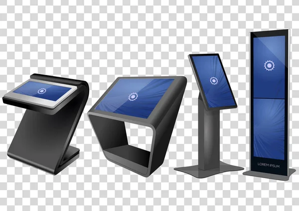 Czterech promocyjne interaktywnych kioskach wyświetlania reklamy, Terminal Stand, ekran dotykowy na przezroczystym tle. Makiety szablonu. — Wektor stockowy