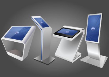 Dört promosyon etkileşimli bilgileri Kiosk, reklam görüntüleme, Terminal Stand, dokunmatik ekran. Şablonu alay
