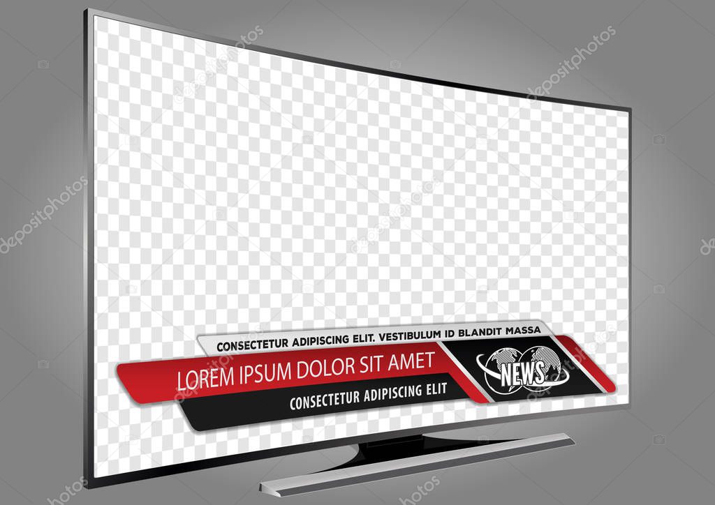 Curved TV screen lcd, plasma with news bars for Video headline title or lower third. Isolated on transparent background. Mock Up Template.